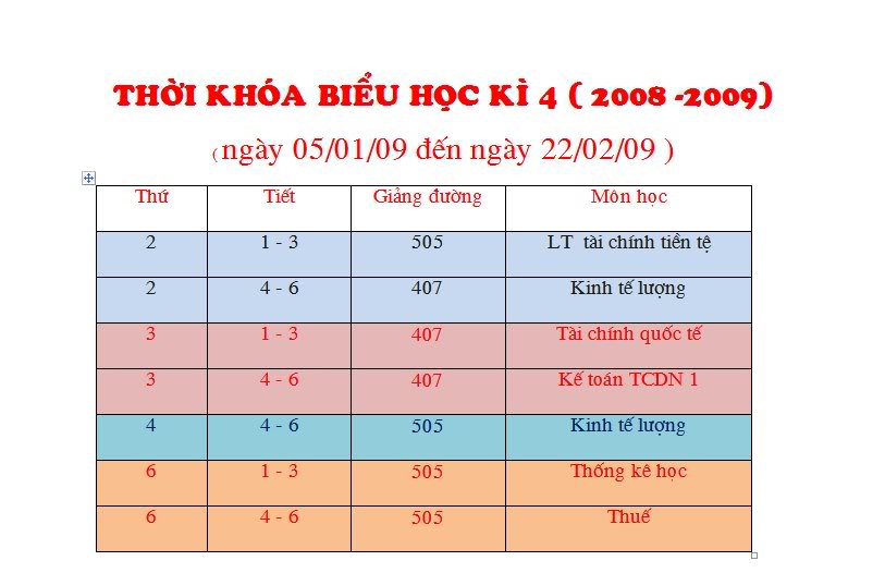 Lịch học kỳ 4 Dot1