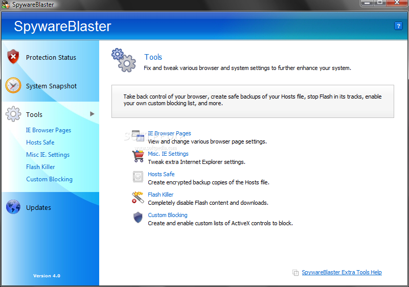 تحميل برنامج الحمايه SpywareBlaster 5.0 لإزاله ملفات التجسس والبرامج الضاره من جهازك بحجم 3.91 MB تحميل مباشر 8ee251b765b92e83288678c48d82af96