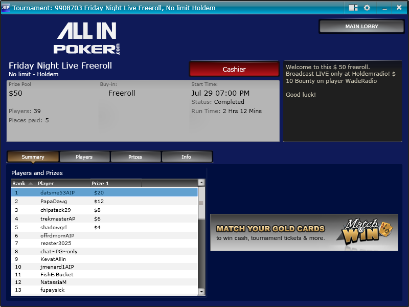 Friday Night Live Freeroll at AIP Win 07-29-11 AIPwin07-29-11