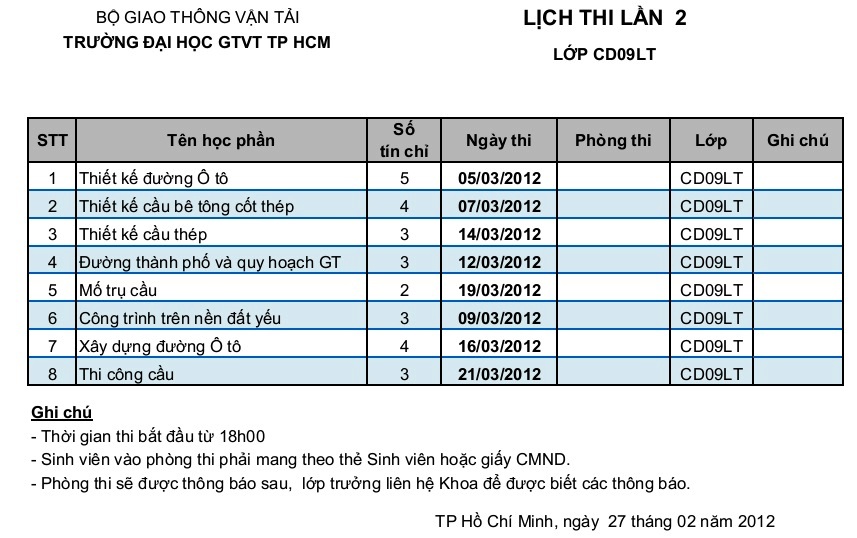 Lịch thi lại học kỳ 4 Lichthilai