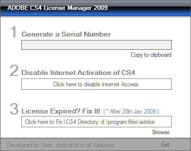 ADOBE CS4 LICENSE MANAGER v1.0 Screen