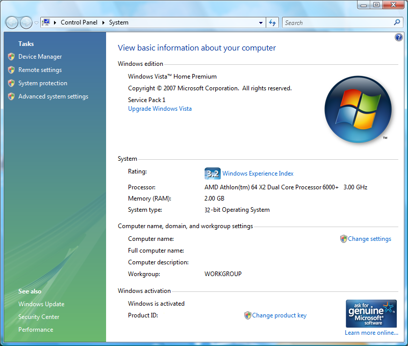 Microsoft Windows Vista Home Premium SP1 OEM // Untouched Sysprop