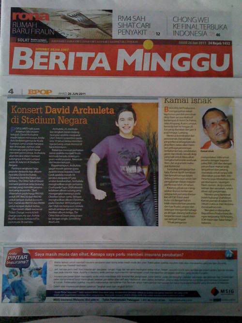 David Archuleta in Malaysia's Berita Minggu (News Week) Berita-Minggu