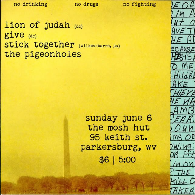 June 6th. Lion Of Judah, GIVE, Stick Together, and The Pigeonholes (PARKERSBURG) Lojfinalflyer-1