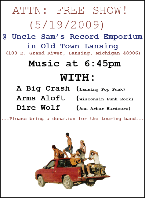 Free Show! May 19th in Lansing, w/Arms Aloft, A Big Crash, Dire Wolf Unclesams