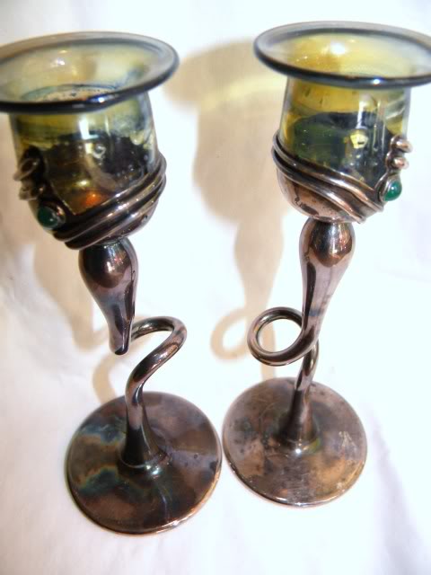 Art Glass w Silver & Stud Stone Mod Candelsticks signed - David Barak ArtGlassCSsilver0003