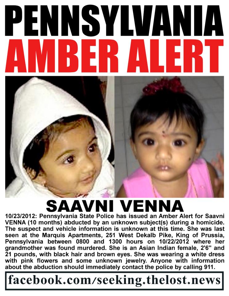 Saanvi Venna, 10-month-old girl abducted from her home, found deceased 10/26/12 (grandmother also murdered) - Upper Merion, PA. Saavni