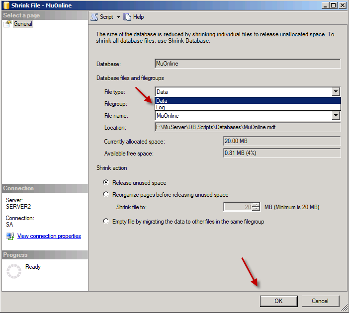 Hướng dẫn giảm log MuOnline trên SQL 2k8 Shrink2