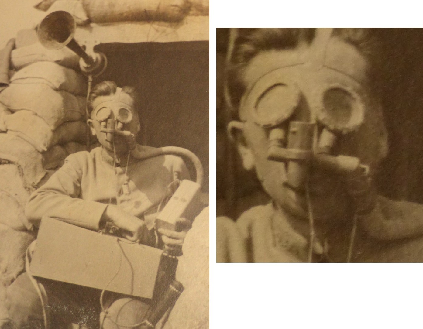 Photo, masque à gaz et appareillage vers 1917 Masquagaz