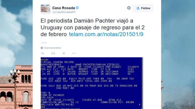 Polémica en Argentina por salida del país de un periodista que investigó el caso Nisman 150125024249_casa_rosada_tuit_624x351_twitter