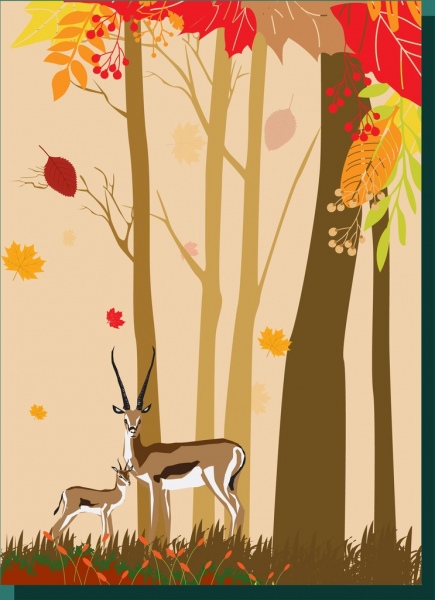 HỌA THƠ Autumn_forest_drawing_cartoon_manner_reindeer_trees_decoration_6827923