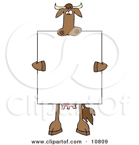 Images de nombres - Page 10 10809-Brown-Cow-Holding-And-Standing-Behind-A-Blank-Sign-Clipart-Illustration