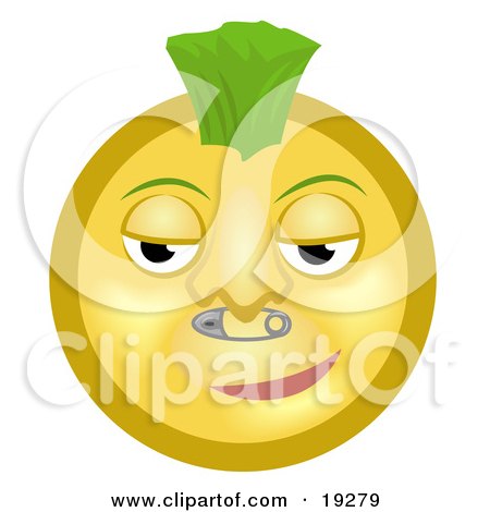 Pojam smajlija 19279-Clipart-Illustration-Of-A-Cool-Punk-Yellow-Smiley-Face-Sporting-A-Green-Mohawk-And-A-Safety-Pin-Nose-Piercing