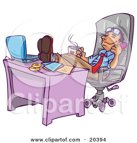 $ السعادة النفسية ونصائح للراحة النفسية $ 20394-Clipart-Illustration-Of-A-Relaxed-Businessman-Leaning-Back-In-His-Chair-With-His-Feet-Up-By-His-Laptop-Computer-On-His-Desk-Holding-A-Cup-Of-Hot-Coffee-And-Chatting-On-The-Phone