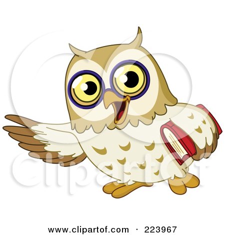 Hi! 223967-Royalty-Free-RF-Clipart-Illustration-Of-A-School-Owl-Gesturing-With-One-Wing-And-Carrying-A-Book