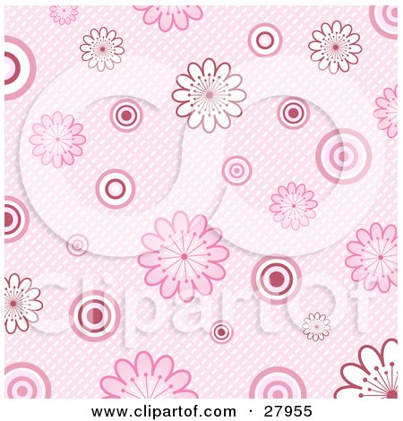 Texture 27955-Clipart-Illustration-Of-A-Retro-Pink-Background-Of-White-And-Pink-Flowers-And-Circles-Over-A-Weaved-Texture