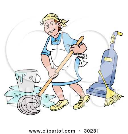 Enfermos Neuróticos 30281-Clipart-Illustration-Of-A-Pleasant-Caucasian-Housewife-Maid-House-Keeper-Custodian-Or-Janitor-Woman-Mopping-A-Floor-Near-A-Broom-And-Vacuum