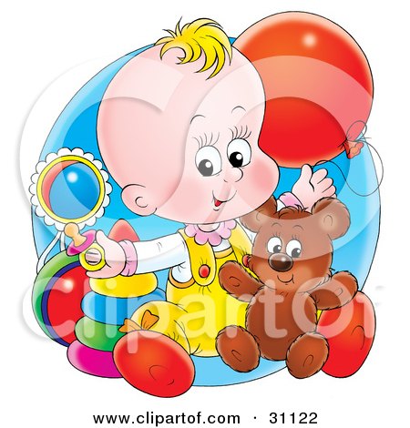 الطريقة السليمة لاستجمام المولود الجديد 31122-Clipart-Illustration-Of-A-Blond-Haired-Baby-Sitting-On-The-Floor-Of-A-Nursery-Playing-With-A-Balloon-Teddy-Bear-Rings-Rattle-And-Pacifier