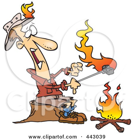 Camping W/KLC 443039-Royalty-Free-RF-Clip-Art-Illustration-Of-A-Cartoon-Man-Roasting-Marshmallows-And-Catching-His-Hat-On-Fire