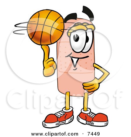 جنون لاصقات جروح 7449-Clipart-Picture-Of-A-Bandaid-Bandage-Mascot-Cartoon-Character-Spinning-A-Basketball-On-His-Finger