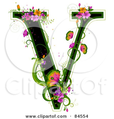 حرف.... V 84554-Royalty-Free-RF-Clipart-Illustration-Of-A-Black-Capital-Letter-V-Outlined-In-Green-With-Colorful-Flowers-And-Butterflies