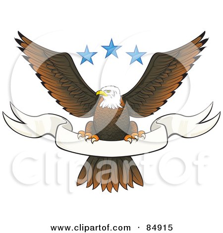 Our New Logo  - Page 3 84915-Royalty-Free-RF-Clipart-Illustration-Of-A-Bald-Eagle-Perched-On-A-Blank-White-Banner-Under-Three-Blue-Stars