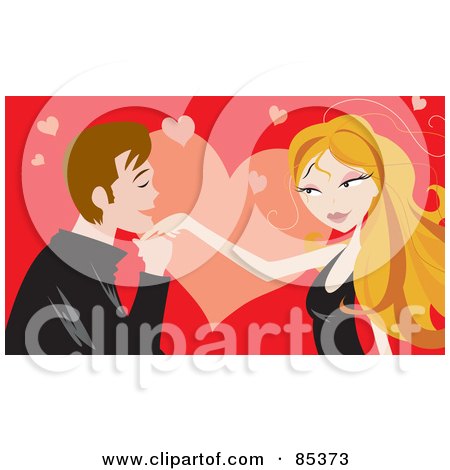 كيمياء الحب 85373-Royalty-Free-RF-Clipart-Illustration-Of-A-Young-Man-Kissing-A-Blond-Womans-Hand-Over-A-Red-And-Pink-Heart-Background