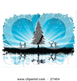ரசிக்க  ! - Page 2 27454-Clipart-Illustration-Of-Silhouetted-Boys-And-Girls-Running-And-Playing-In-Tall-Grasses-By-An-Evergreen-Tree-Over-A-Bursting-Blue-Snowing-Background-Reflecting-On-Still-Water
