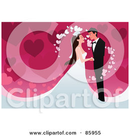 ரசிக்க  ! 85955-Royalty-Free-RF-Clipart-Illustration-Of-A-Romantic-Wedding-Couple-With-Magical-Hearts-Over-Pink