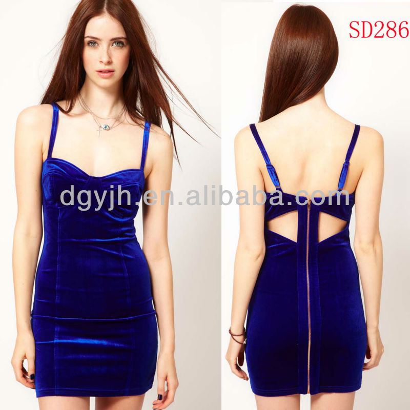 فساتين جنان Ladies_Elegant_Spaghetti_Strip_Royal_Blue_Velvet_Short_Haute_Couture_Evening_Dresses