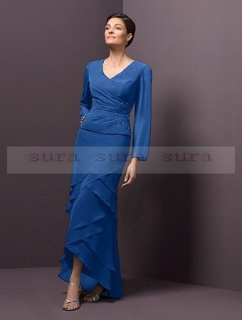 تألقي بالأزرق Chiffon-V-Neckline-Long-Sleeves-Gowns-Mother-of-the-Bride-Dresses-Bridesmaid-Dresses-Formal-gowns