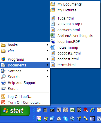 لمسح تاريخ المستند الأخيرة Documents Recents Startmenu-documents