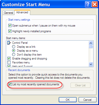 لمسح تاريخ المستند الأخيرة Documents Recents Startmenu-properties-std-advanced-listoption