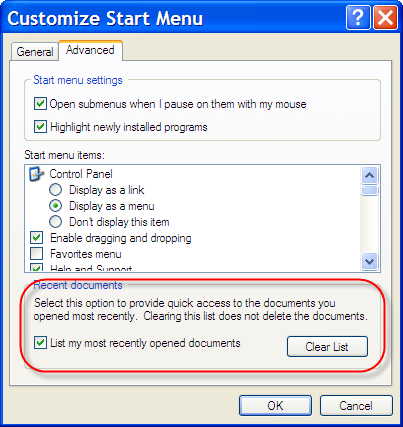 لمسح تاريخ المستند الأخيرة Documents Recents Startmenu-properties-std-advanced