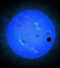 Gliese 1214 b, une exoplanète à l'atmosphère riche en eau ? Vue-d-artiste-de-la-planete-gliese-1214-b-passant-devant-so