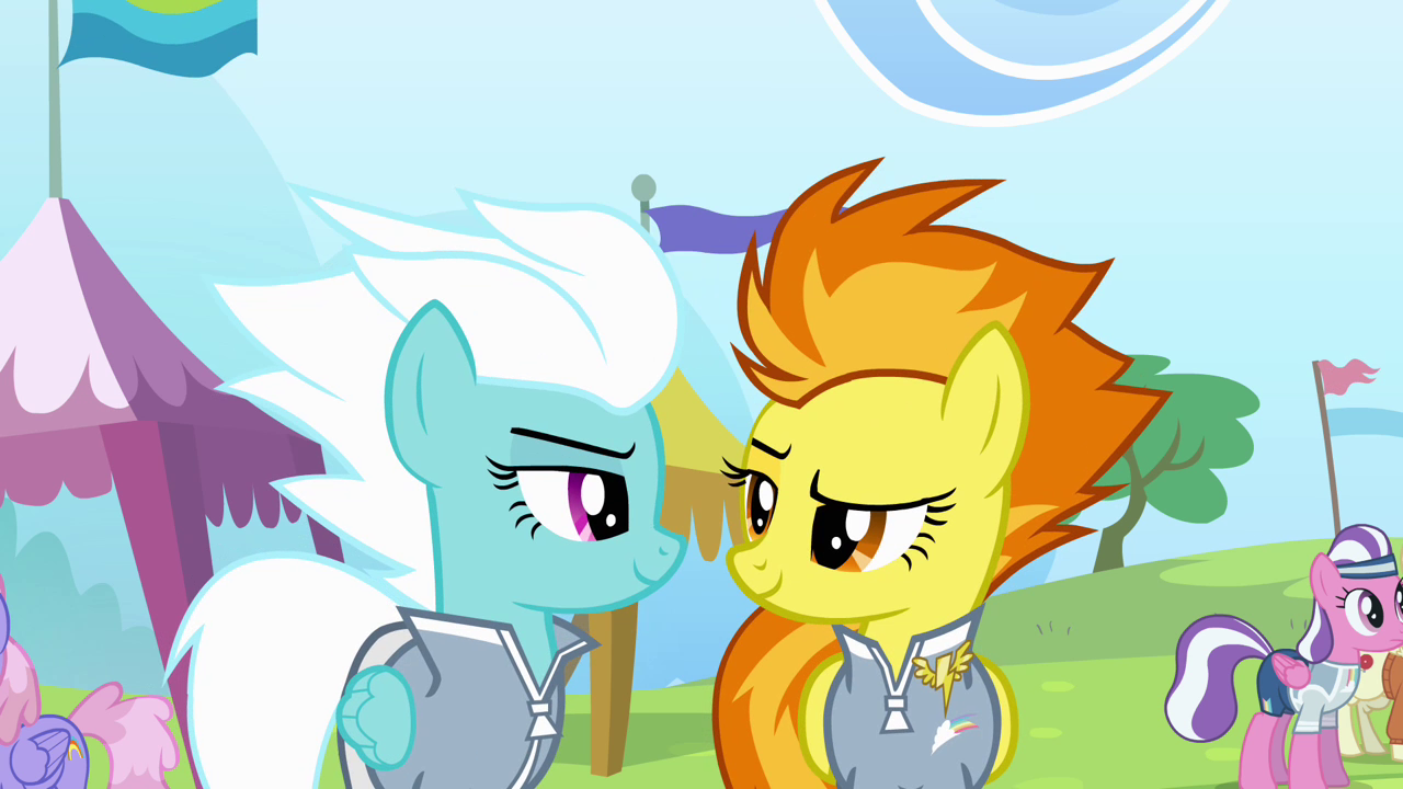 Prêt pour une course endiablée contre une wonderbolt?  Fleetfoot_and_Spitfire_look_at_each_other_S4E10