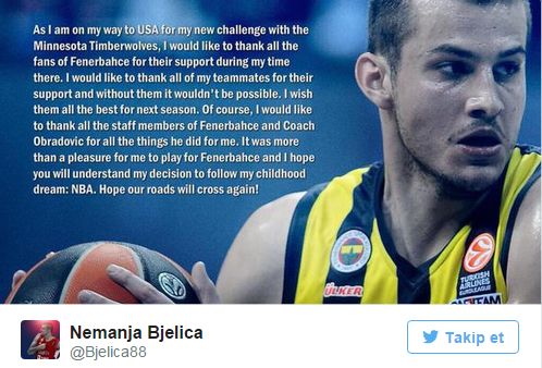 Fenerbahçe'den NBA'nin Minnesota Timberwolves takımına transfer olan Sırp basketbolcu Nemanja Bjelica, "Fenerbahçe'de oynamak benim için memnuniyetten daha fazlasıydı" dedi. Bje