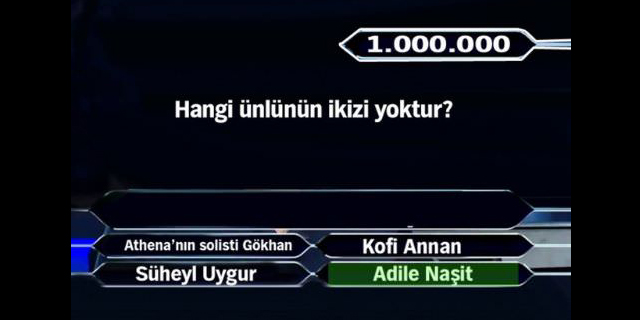 Kim Milyoner Olmak İster yarışmasında 15'inci soru 1 milyon liralık büyük ödülün kazanıldığı soru. 1milyon10_640