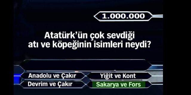 Kim Milyoner Olmak İster yarışmasında 15'inci soru 1 milyon liralık büyük ödülün kazanıldığı soru. 1milyon2_640