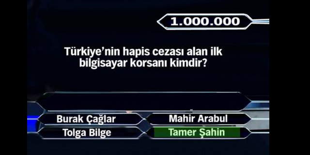 Kim Milyoner Olmak İster yarışmasında 15'inci soru 1 milyon liralık büyük ödülün kazanıldığı soru. 1milyon8_640
