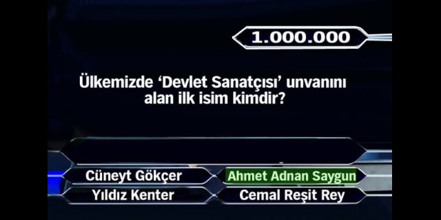 Kim Milyoner Olmak İster yarışmasında 15'inci soru 1 milyon liralık büyük ödülün kazanıldığı soru. 1milyon9_640