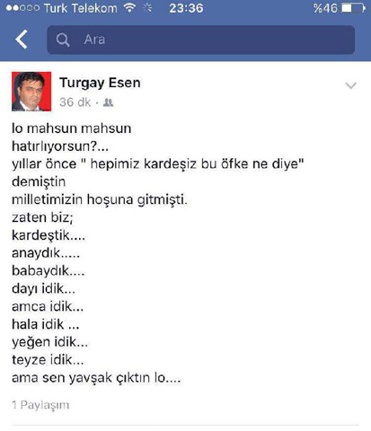 Sosyal medya hesabından Mahsun Kırmızıgül'ü hedef alan İzmir Valiliği Dernekler İl Müdürü Turgay Esen, 'Sen y.vşak çıktın' dedi. Esen daha sonra paylaşımını kaldırdı. Mahsunnaa