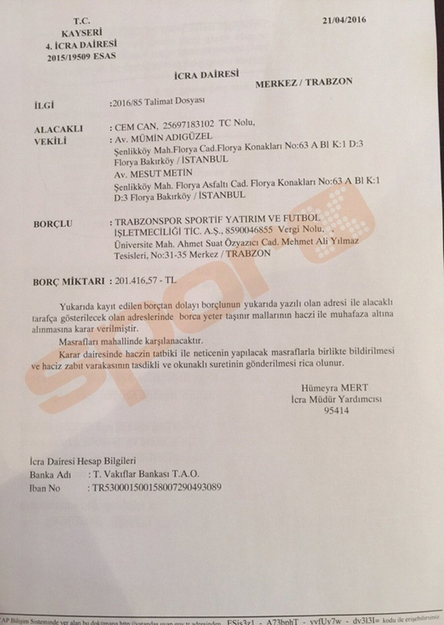 Kayserispor Trabzonspor'a haciz işlemi uygulattı. Haciz memurları Trabzonspor Mehmet Ali Yılmaz tesislerine giderek taşınır mallara haciz işlemi uygulamak istedi. 9d2ca81f29a920231c1e77ef4160dac9