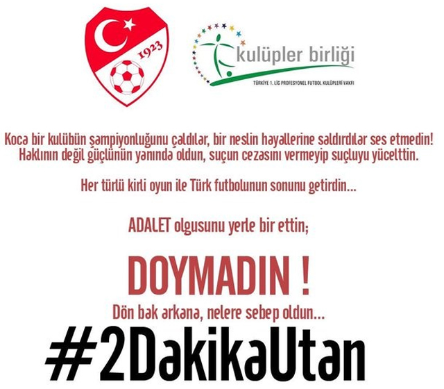 Trabzonspor taraftarı, Kulüpler Birliği'nin "2 dakika düşün" kampanyası üzerine "2 dakika utan" sloganıyla kampanya başlattı. Edb25fed63a3e1d93136b39e77ebf72e