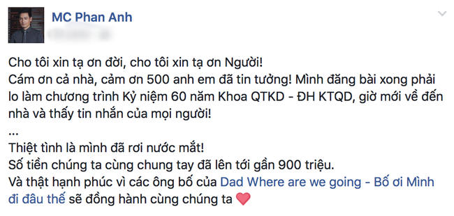 Nói là làm, MC Phan Anh đóng góp 500 triệu và kêu gọi chung tay giúp đỡ đồng bào gặp lũ lụt miền Trung 1-1476639495103