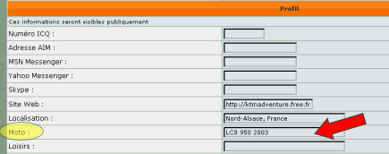 Enregistrement de votre type de moto Profil-moto