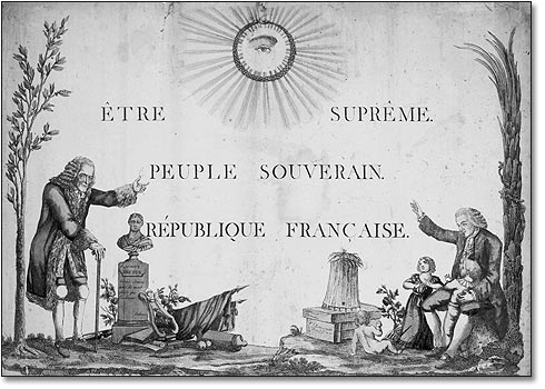 Robespierre, le 7 mai 1794, fit décréter par la Convention l'institution de ce culte, qui devait lier étroitement l'idée religieuse déiste et l'idée nationale. 1888759219