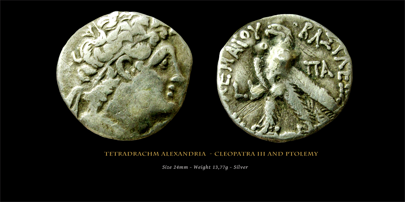  Tetradracma de Ptolomeo IX Sóter y Cleopatra III. Octavo año de reinado (107/6 a.C). Alejandría. Ref_egy_8