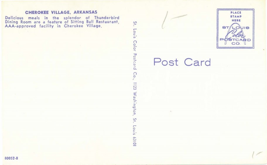 Cherokee Village Arkansas Penny Postcards! Cherokee%20Village%20Sitting%20Bull%20Restaurant%20%28Back%29