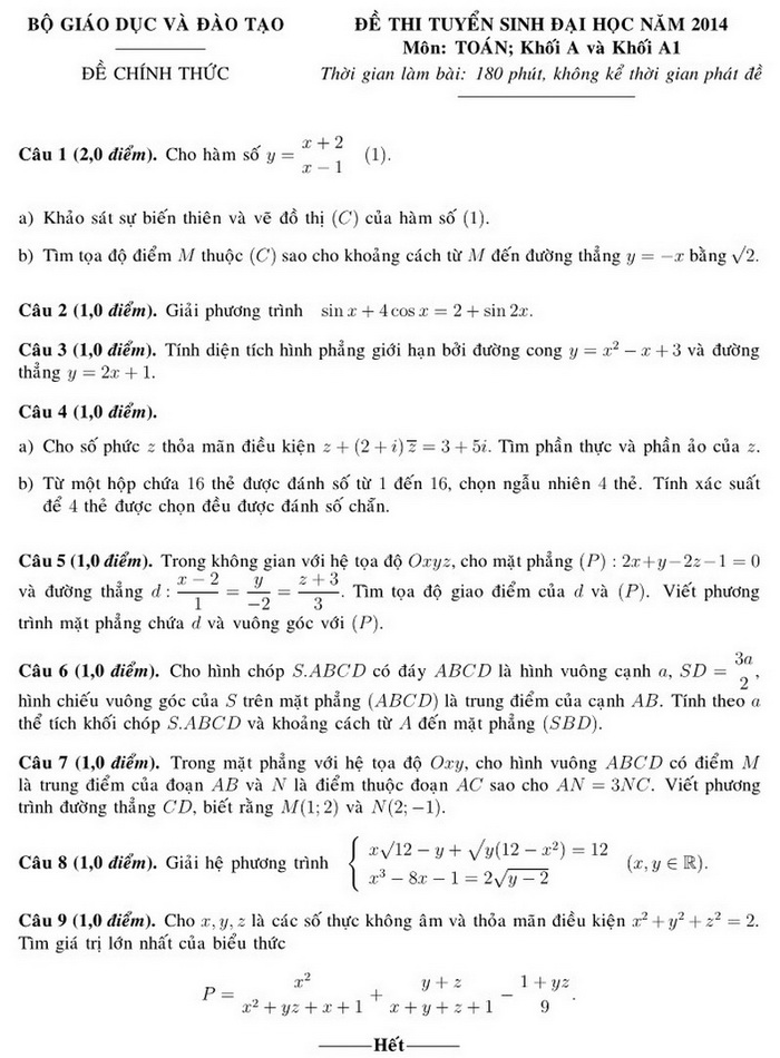 ĐỀ TOÁN - ĐẠI HỌC - KHỐI A, A1 - 2014 De-toanaa1-dh2014